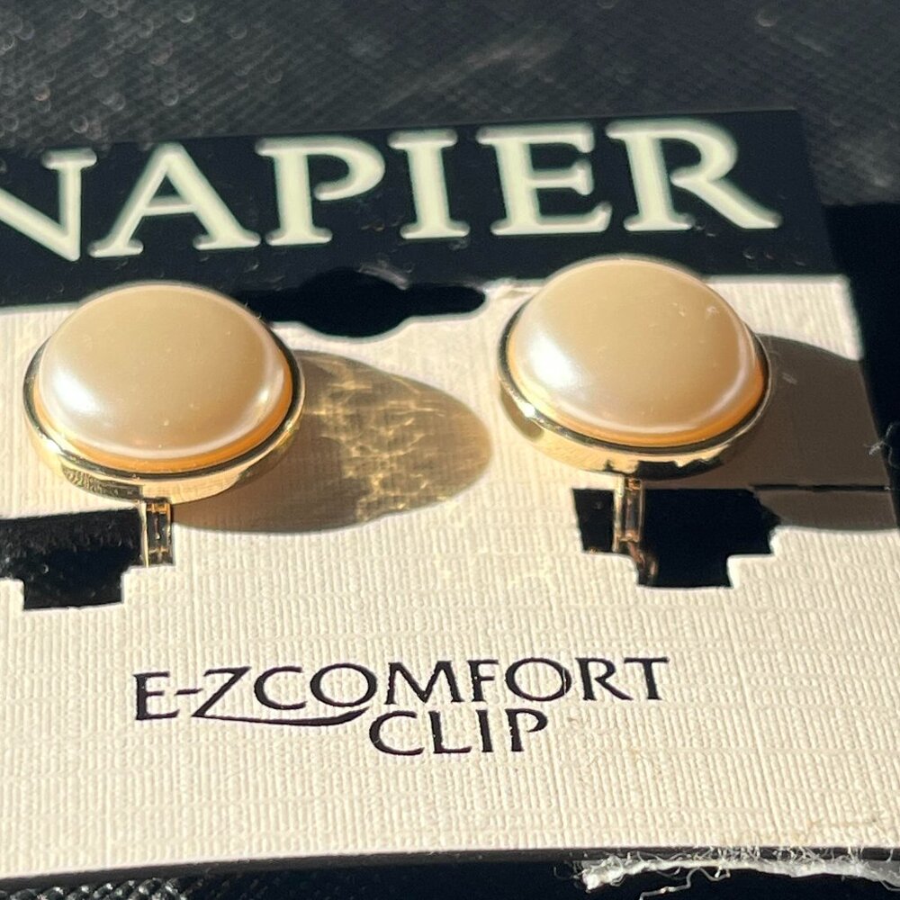 Napier TJG Golden Tone Faux Pearl Clip-on Earrings - Picture 9 of 9